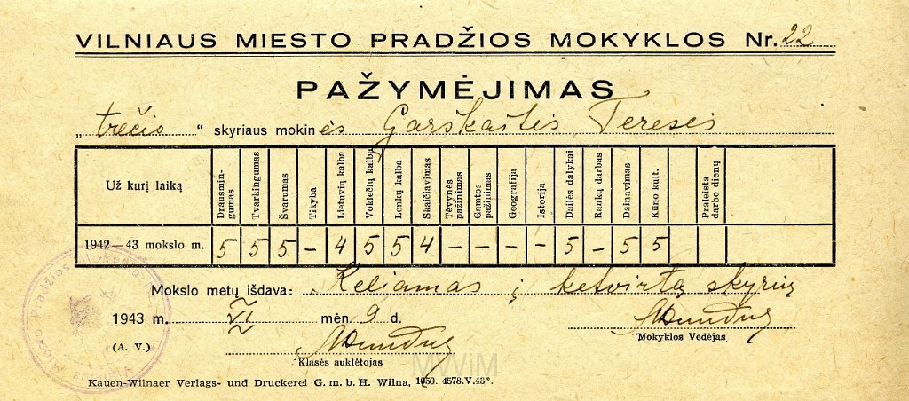 KKE 5808.jpg - (litwa) Dok. Cenzurka szkolna z klasy III dla Teresy Graszko, Wilno, 9 VI 1943 r.